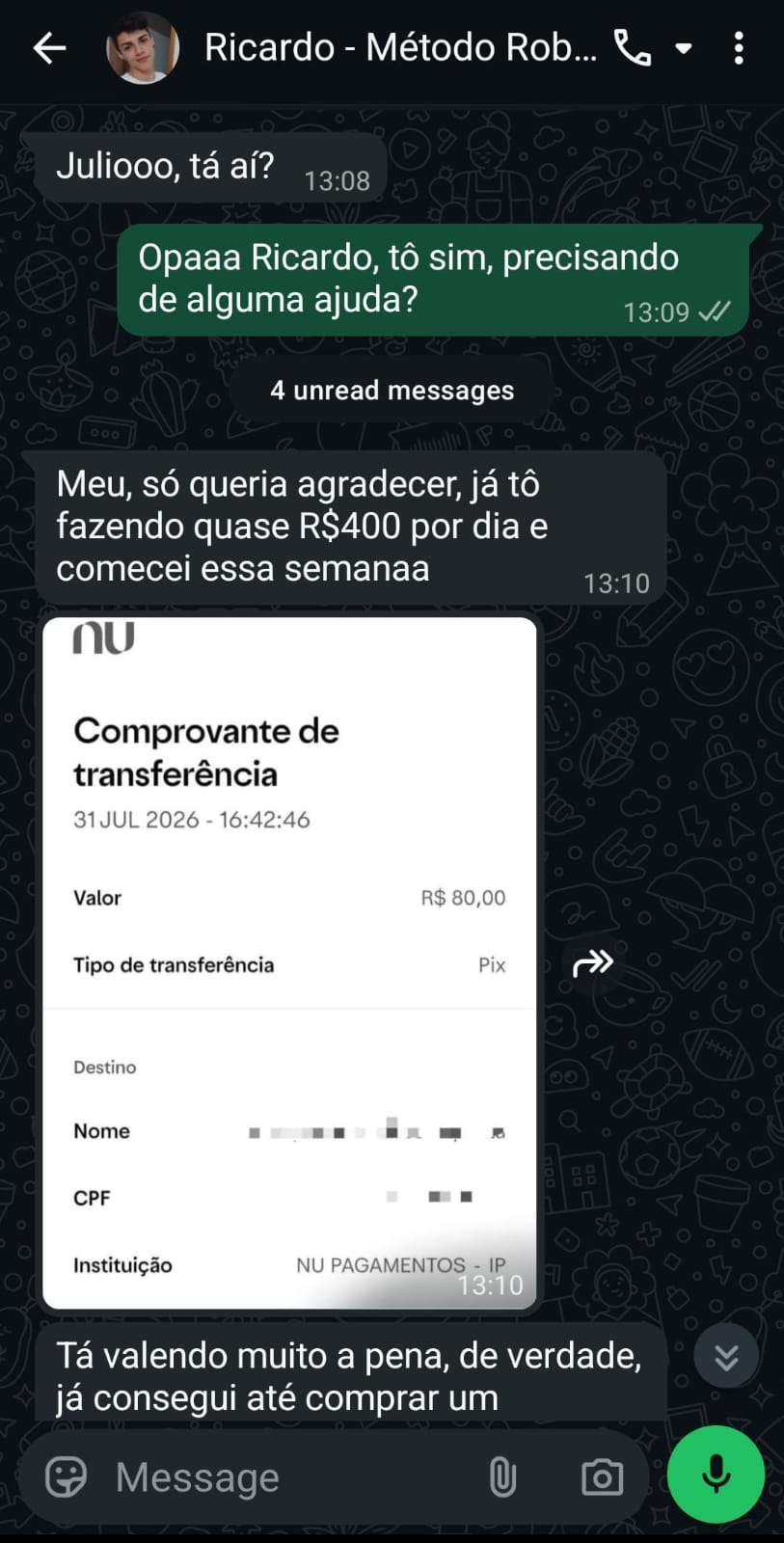 Ricardo · quase R$400 por dia